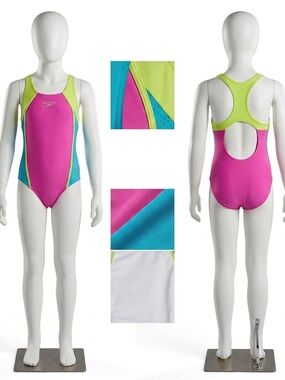 Speedo Girls Size 12 One Piece Swimsuit Racerback Pink Lime Blue Mesh 90s VTG